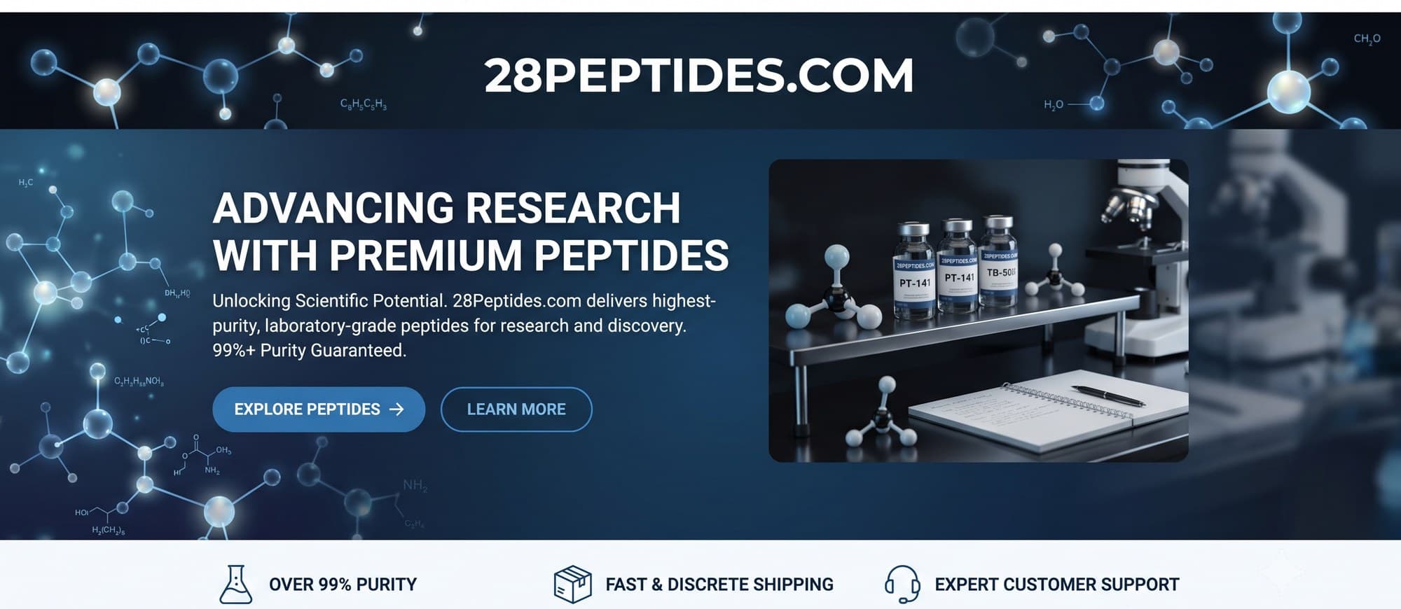 28 Peptides — advancing research with premium peptides. Over 99% purity, fast and discrete shipping, expert customer support.